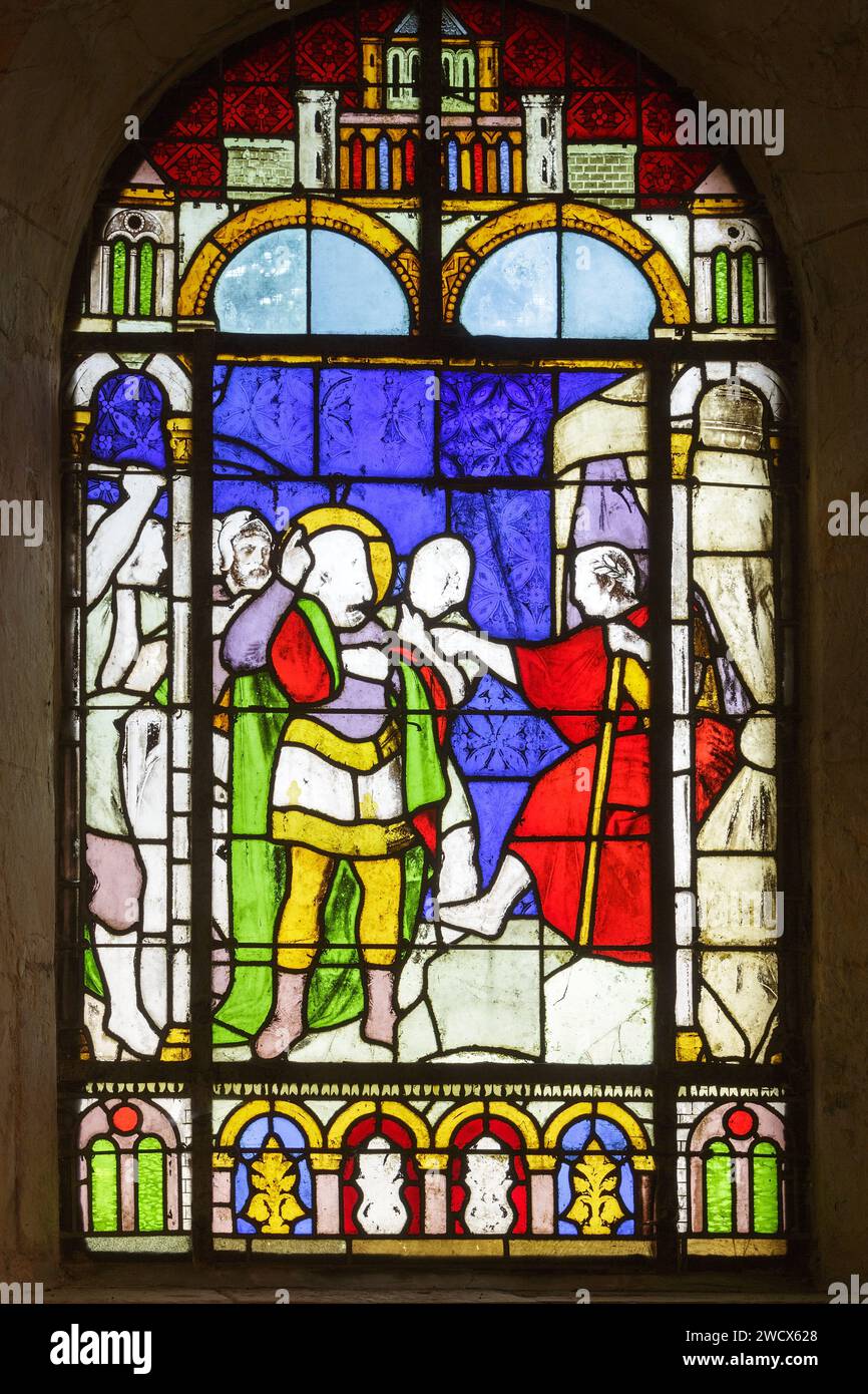 France, Meurthe et Moselle, région Saintois, Forcelles Saint Gorgon, église de la conversion de Saint Paul, les parties les plus anciennes ont été construites en style roman au 12e siècle, la nef a été reconstruite en style gothique au 16e siècle, vitrail qui représentent Jésus devant Pilatus sans signature Banque D'Images