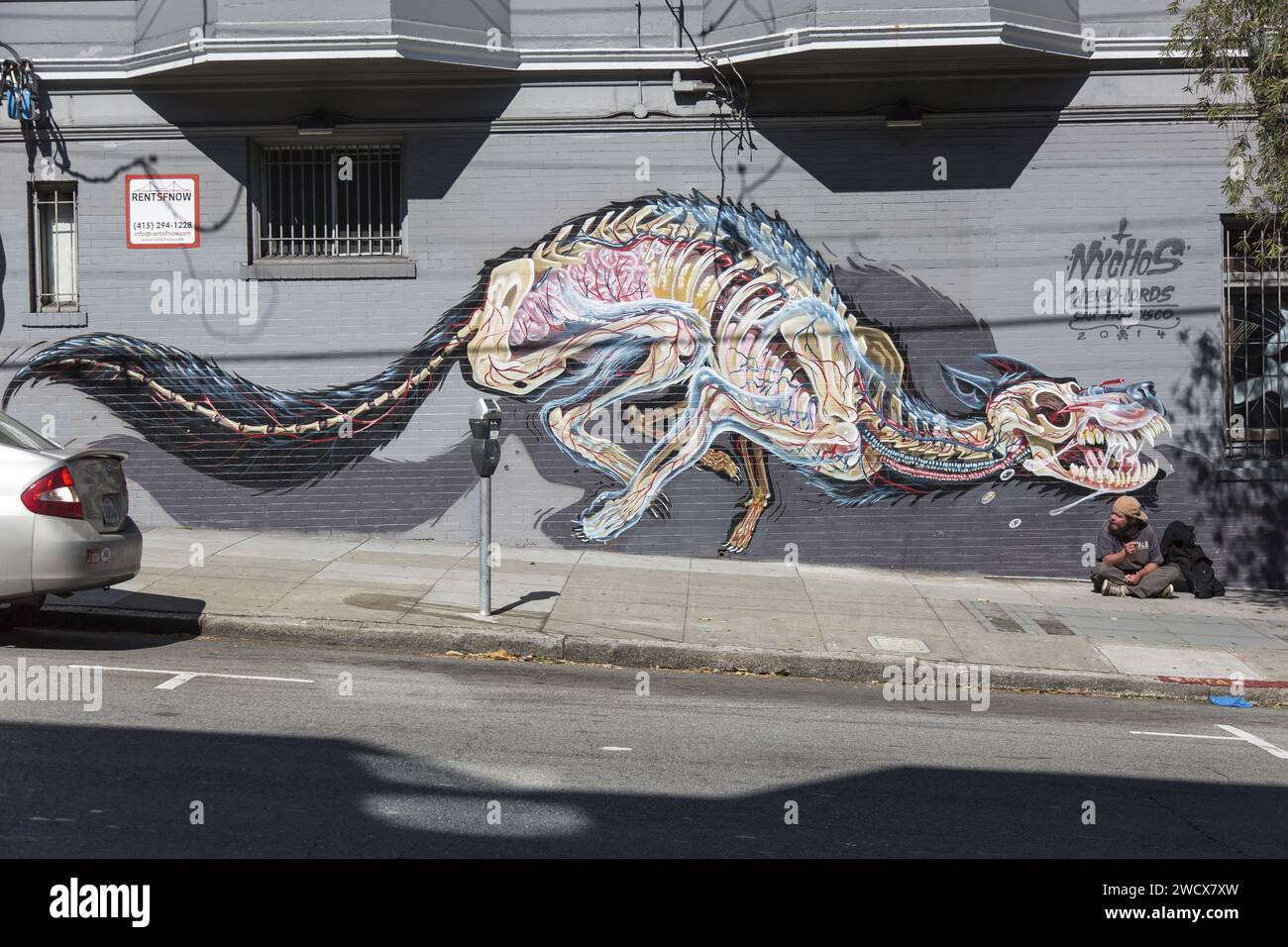 États-Unis, Californie, San Francisco, quartier Haight Ashbury, sans-abri assis devant une fresque, loup écorché par l'artiste autrichien Nycho Banque D'Images