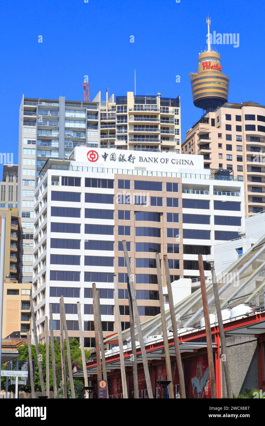 Australie, Nouvelle-Galles du Sud, Sydney, Darling Harbour, vue depuis l'intersection Lime Street et King Street de la tour de Sydney (1981) Banque D'Images