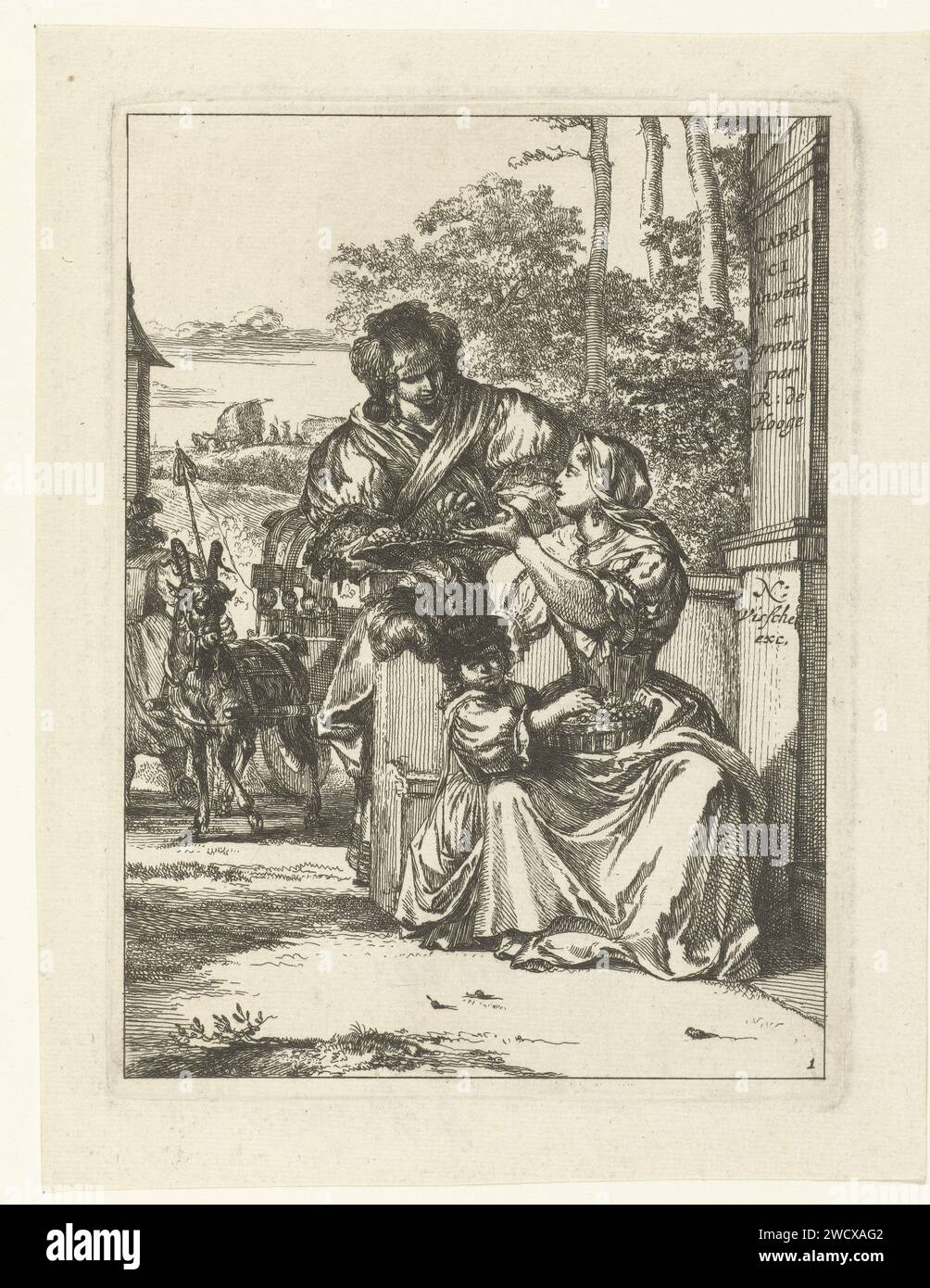 Tirage titre de la série Capricci, Romeyn de Hooghe, 1655 - 1708 imprimer Une femme assise avec un panier de cerises sur ses genoux et un enfant qui attrape dans le panier. La femme se tourne vers une femme debout avec un bol de cerises. En arrière-plan un wagon de chèvre avec enfant. Sur la droite sur la colonne le titre de la série et les noms des Hooghe et Visscher. Pays-Bas gravure de papier / gravure de chèvre. fruits Banque D'Images