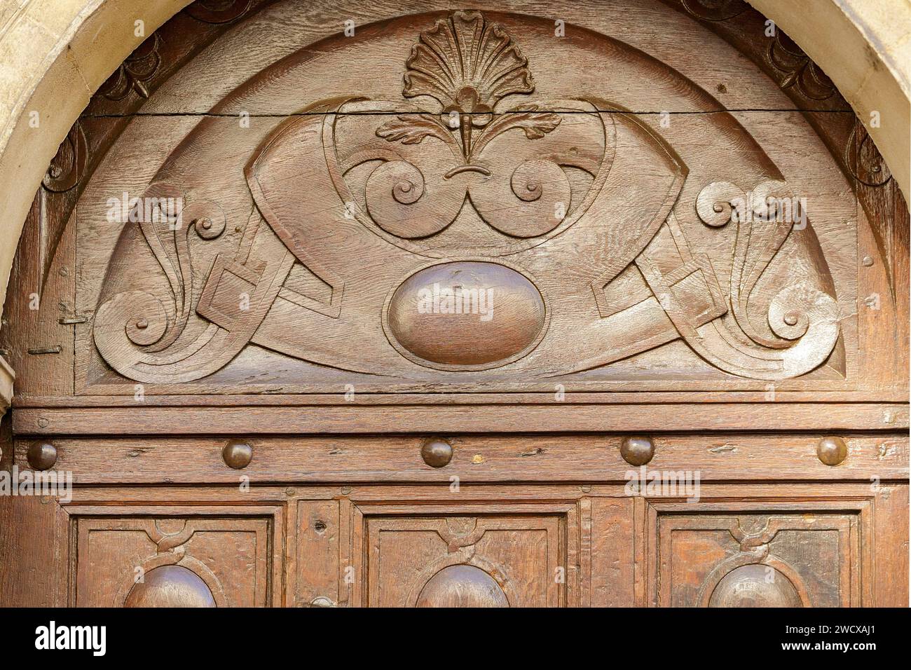 France, Meurthe et Moselle, Nancy, détail de la porte de l'ancien Hôtel Philbert Hôtel particulier construit en 1575 pour Didier Philbert docteur du duc de Lorraine aujourd'hui un immeuble d'appartements situé rue de la Source dans la vieille ville Banque D'Images