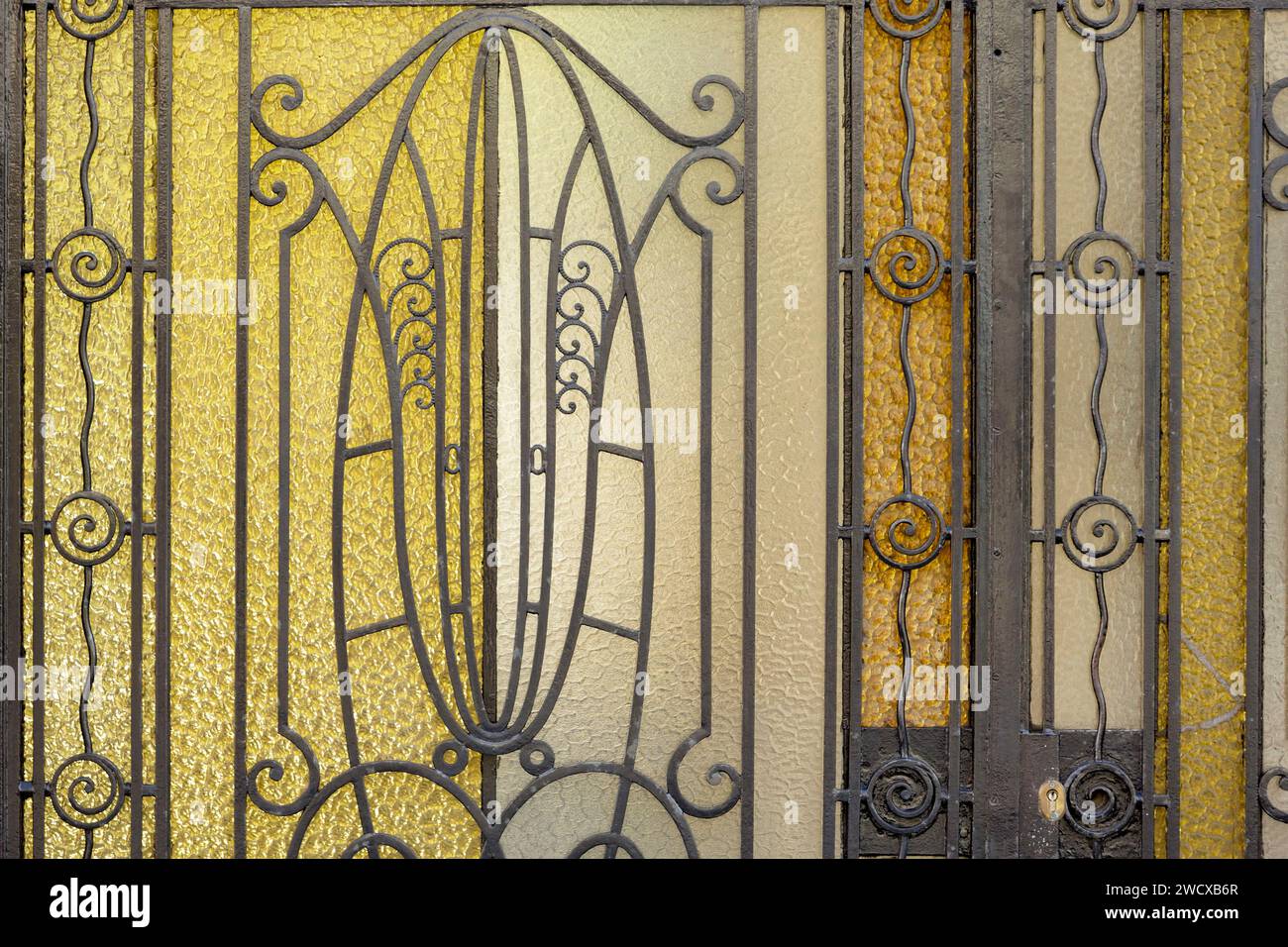 France, Meurthe et Moselle, Nancy, détail de la ferronnerie en fer forgé de la porte d'un immeuble bourgeois de style Art Nouveau situé Boulevard Albert He First Banque D'Images