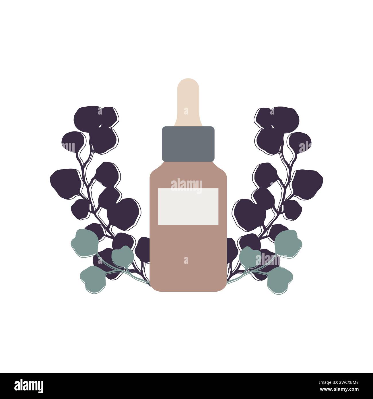 Icône de produit cosmétique. Flacon abstrait avec sérum visage pour la beauté et les soins de la peau. Décoré avec des plantes. Illustration vectorielle Illustration de Vecteur