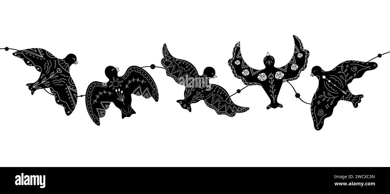 Guirlande avec silhouettes de colombe dessinées à la main noires décorées avec ornement blanc et arrangement floral. Oiseaux dessinant dans le style Boho. Illustration vectorielle Illustration de Vecteur