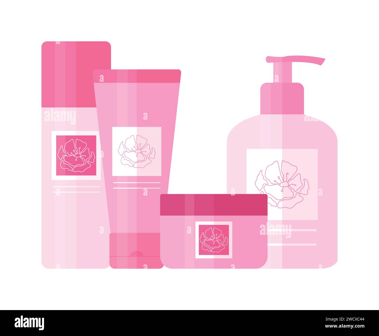 Ensemble de produits cosmétiques comme gel nettoyant, toner, crème pour le visage et lotion pour le corps. Bouteilles et tubes pour la beauté et les soins de la peau décorés de fleurs roses Illustration de Vecteur