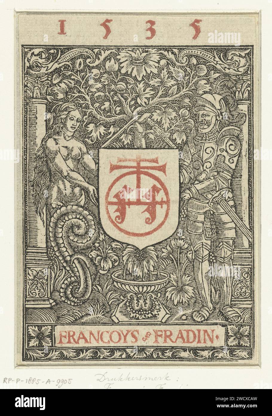 Drukkersmerk van François Fradin, François Fradin (possible), 1535 impression marque de François Fradin dans un bouclier, accroché à un arbre fruitier et tenu par un chevalier et une femme avec un gâteau de serpent. France Paper Device (marque de commerce de l'imprimeur ou de l'éditeur) Banque D'Images