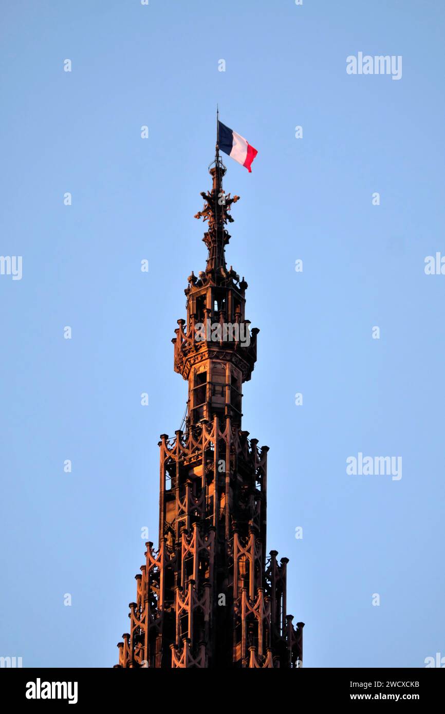 France, Bas Rhin, Strasbourg, vieille ville classée au patrimoine mondial de l'UNESCO, cathédrale notre Dame, anniversaire, libération de la ville par la 2e division blindée le 23 novembre 1944, drapeau tricolore sur la tour Banque D'Images