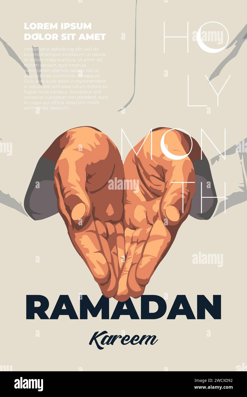 Affiche du mois sacré islamique Ramadan Kareem. Croyant musulman en vêtements arabes mains paumes pliées dans la prière. Pancarte de vacances EID Mubarak. Islam célébration moderne concept de typographie d'art tendance. Vecteur Illustration de Vecteur