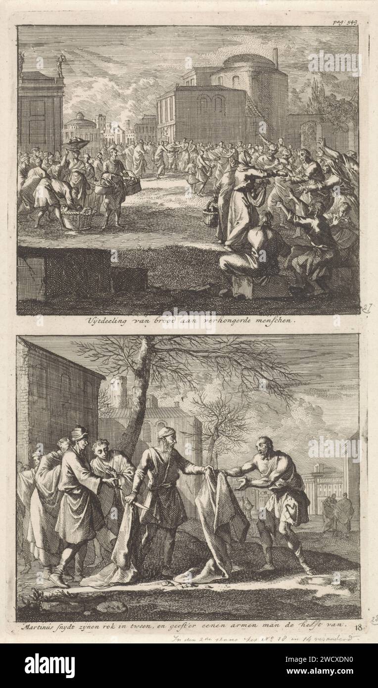 Les chrétiens distribuent du pain aux affamés et Saint Martin qui coupe son manteau en deux, Jan Luyken, 1700 imprime deux représentations sur une assiette. Ci-dessus : les chrétiens distribuent du pain aux mendiants affamés. Ci-dessous : St. Martinus van Tours a coupé son manteau en deux avec un couteau et donne un morceau de son manteau à un mendiant. D'autres chrétiens regardent avec admiration. Amsterdam paper gravure des églises chrétiennes primitives, par exemple Arméniens, Coptes, Syriens. Nourrir les affamés, 'esuriens cibatur'  l'un des (sept) actes de miséricorde. œuvres caritatives. pain, pain. St. Martin divise son manteau (c'est-à-dire la charité de Saint Martin) : il est usua Banque D'Images