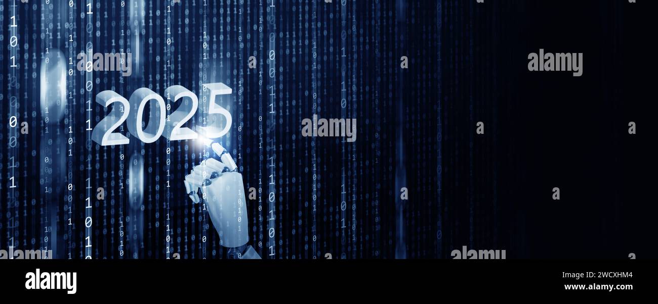 Bonne année 2025. Intelligence artificielle, ai, Robotic Hand tapant