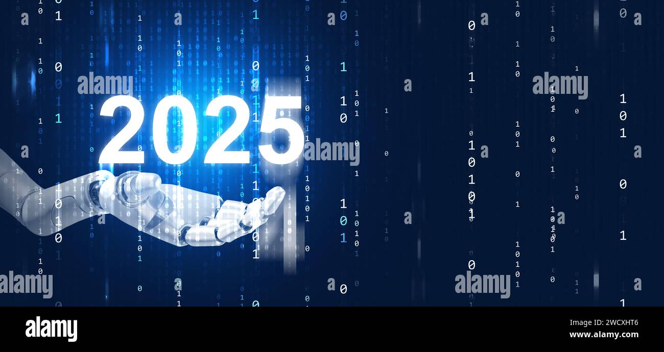 Bonne année 2025. Intelligence artificielle, ai, main robotique tenant sur un changement 2024 en 2025 pour accueillir l'année à venir de l'ère des nouvelles technologies W Banque D'Images