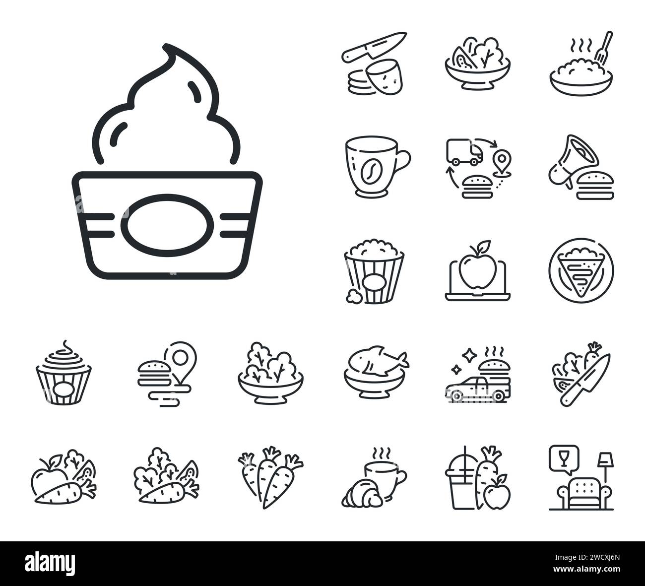 Icône de ligne de gobelet de crème glacée. Signe Vanilla sundae. Crêpe, pop-corn sucré et salade. Vecteur Illustration de Vecteur