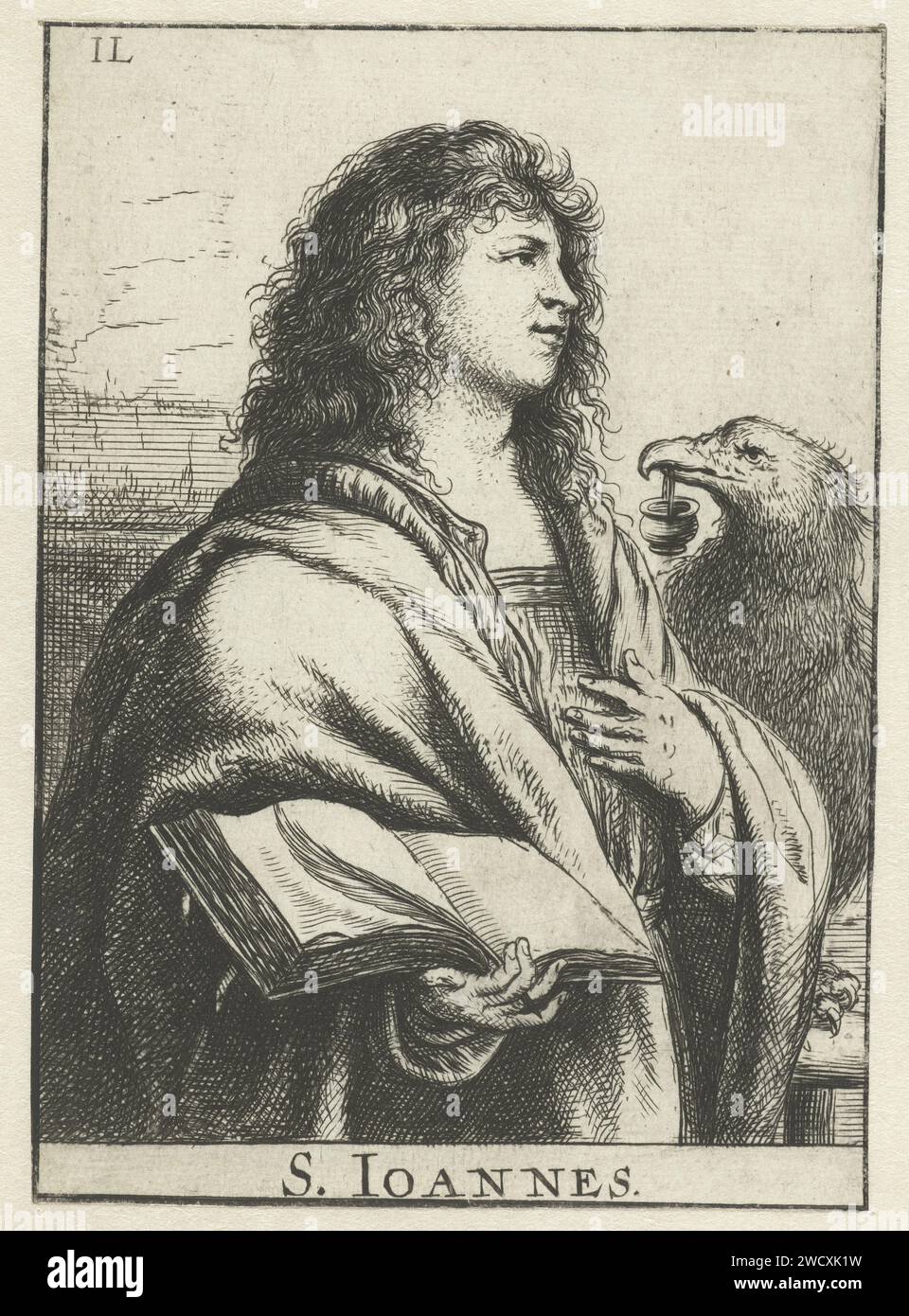 Johannes de Evangelist, Jan Lievens, 1625 - 1674 print Jean l'Evangéliste avec son attribut de Adelaar papier gravure / gravure l'apôtre Jean l'Evangéliste ; attributs possibles : livre, chaudron, calice avec serpent, aigle, palm, faites défiler. aigle (éventuellement avec livre)  symbole de St. John Banque D'Images