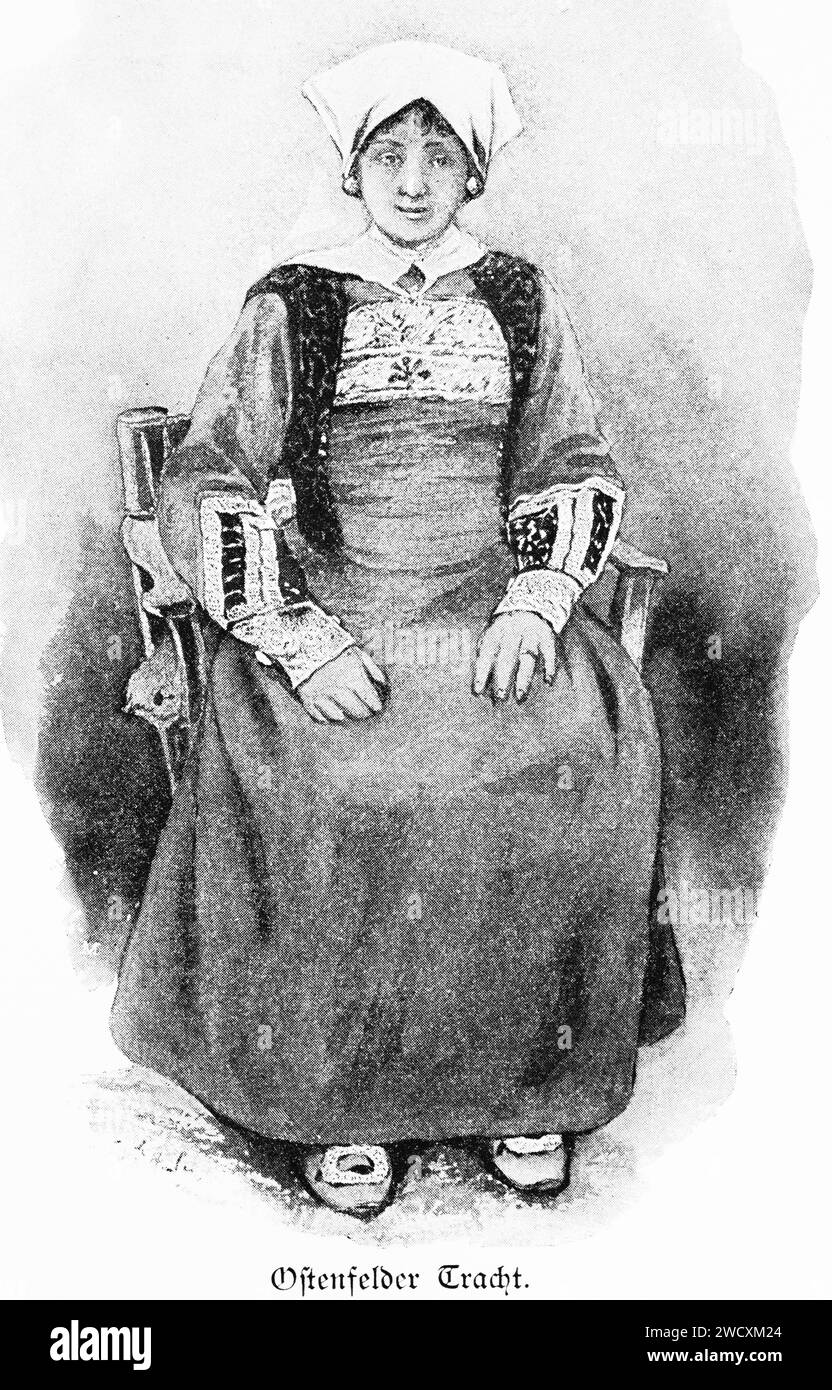 Femme de campagne en costume traditionnel Ostenfelder, Friise du Nord, Schleswig-Holstein, Allemagne du Nord,, Europe centrale, Banque D'Images