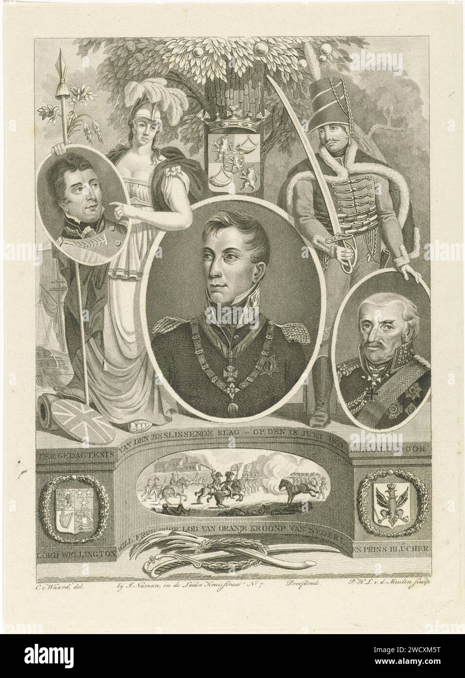 Portrait du prince héritier Willem Frederik George Lodewijk en mémoire de la bataille de Waterloo, Pieter van der Meulen, d'après Christiaan van Waardt, 1815 - 1817 tirage Portrait du prince héritier Willem Frederik George Lodewijk en mémoire de la bataille de Waterloo. En plus du portrait, Minerva montre le portrait du duc de Wellington et un officier montre le portrait de Geberberecht Blücher von Wahlstatt. Au milieu du sous-sol, la bataille de Waterloo, dans laquelle ils ont combattu. Journal d'Amsterdam Banque D'Images