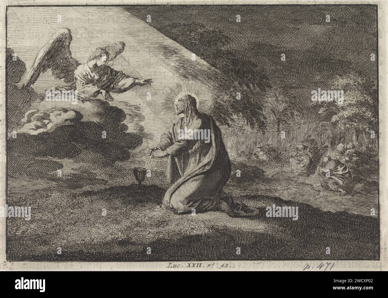 Christ in the Hof van Getsemane, Jan Luyken, 1703 - 1762 imprimer Imprimer imprimeur : Haarlem Éditeur : Amsterdam paper gravure / typopress printing Gethsémane, Mont des oliviers, 'Oelberg' (Matthieu 26:36-56, Marc 14:32-52, Luc 22:39-53; Jean 18:1-12). Agonie du Christ : pour le réconforter, un ou plusieurs anges apparaissent au Christ avec un calice et/ou une croix Banque D'Images
