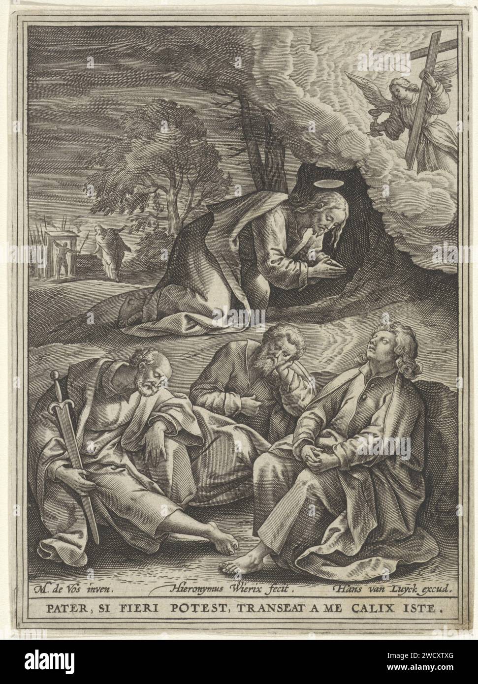 Christ in Hof van Getsemane, Hieronymus Wierix, d'après Maerten de vos, 1563 - avant 1586 imprimer Christ prie à la cour de Getsemane. Un ange avec un calice apparaît du ciel. Petrus, Johannes et Jacobus dorment au premier plan. En arrière-plan, les soldats de Judas mènent à travers la porte. Dans la marge une légende en latin qui fait référence à la performance. Papier anversois gravant la prière du Christ dans le jardin de Gethsémani pendant la nuit Banque D'Images