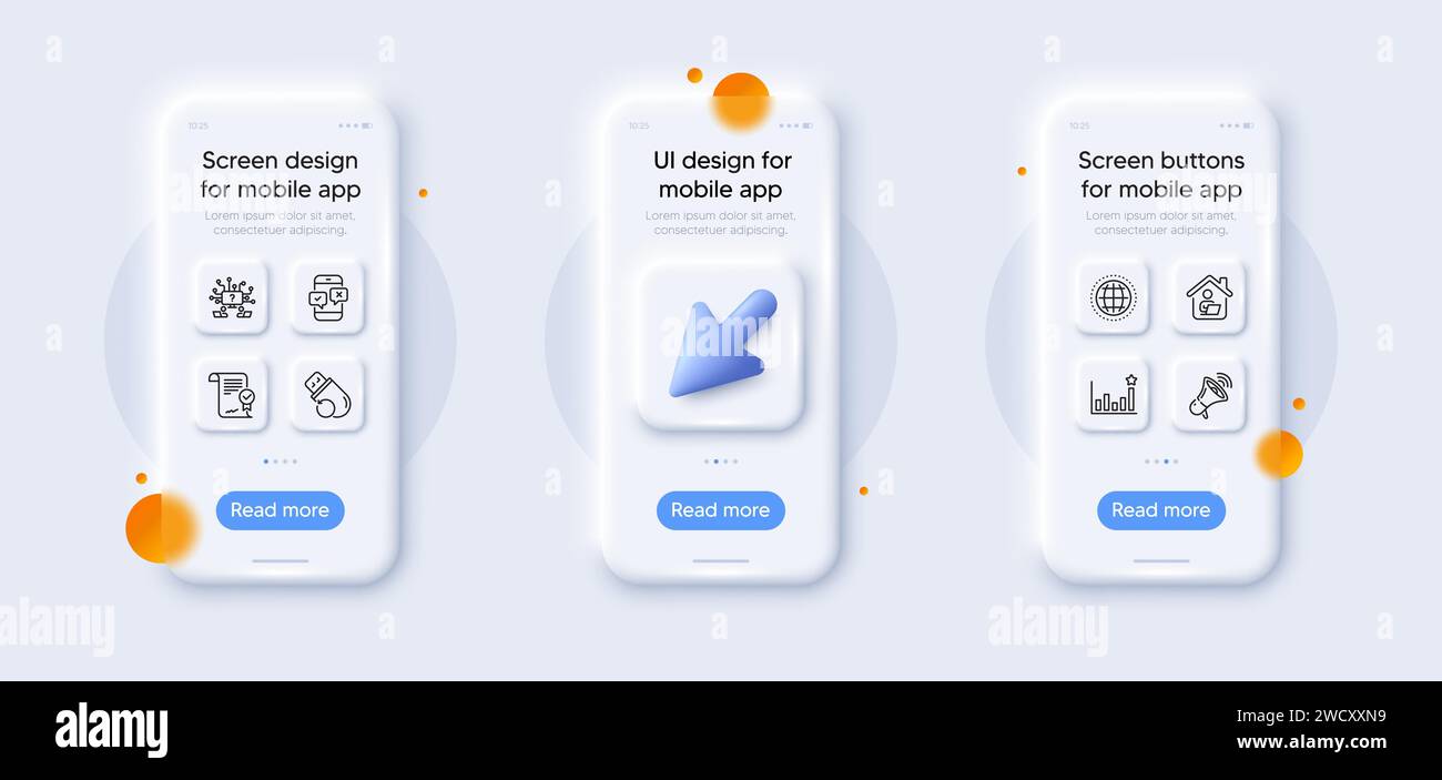 Enquête téléphonique, Globe et Pack d'icônes de ligne d'efficacité. Pour l'application Web. maquettes de téléphone 3d. Vecteur Illustration de Vecteur