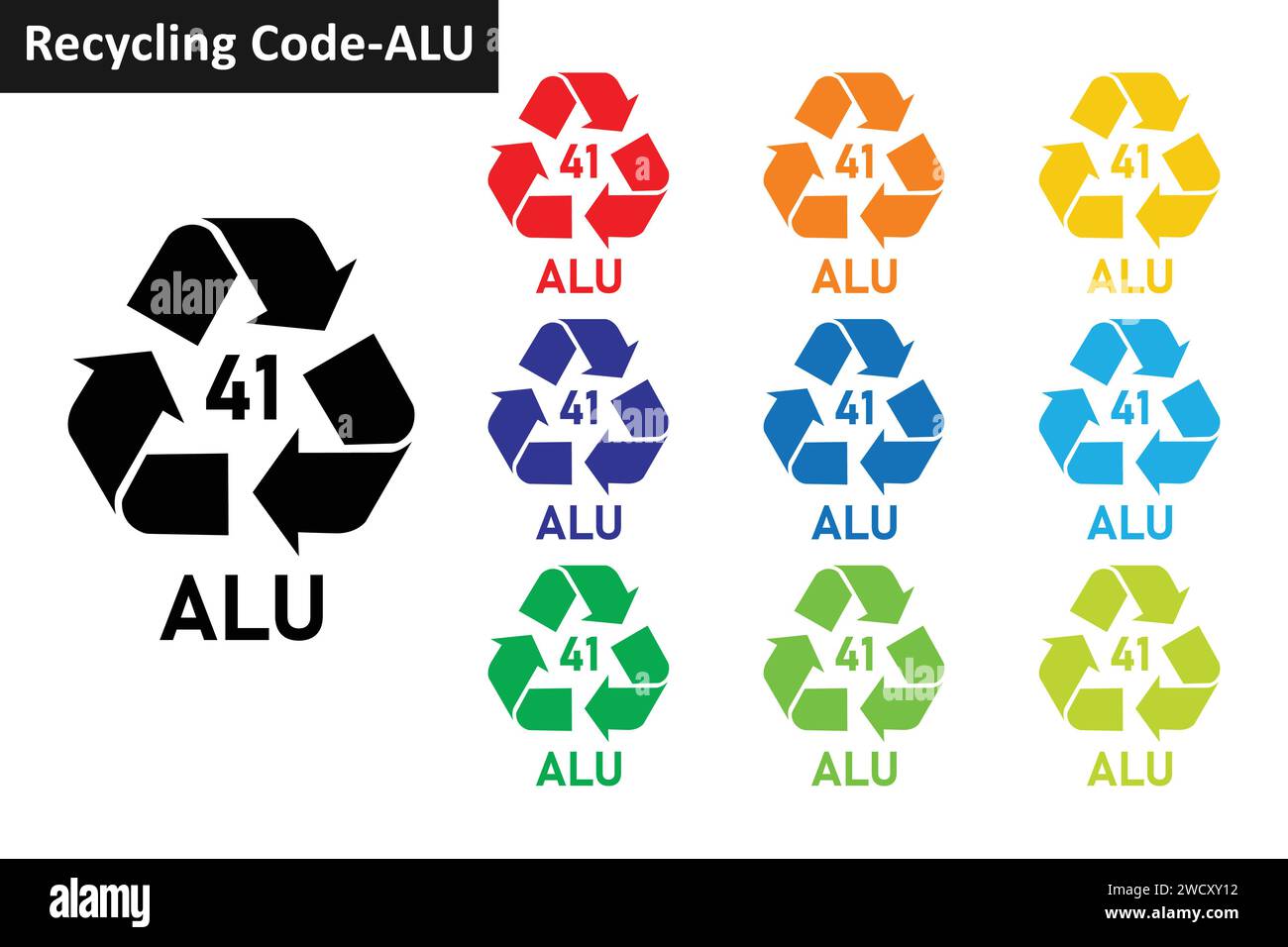 Jeu d'icônes de code de recyclage en aluminium métallique. Symboles de recyclage des métaux 41 alu. Mobius Strip Metal Recycling code 41 collection d'icônes en dix couleurs. Illustration de Vecteur