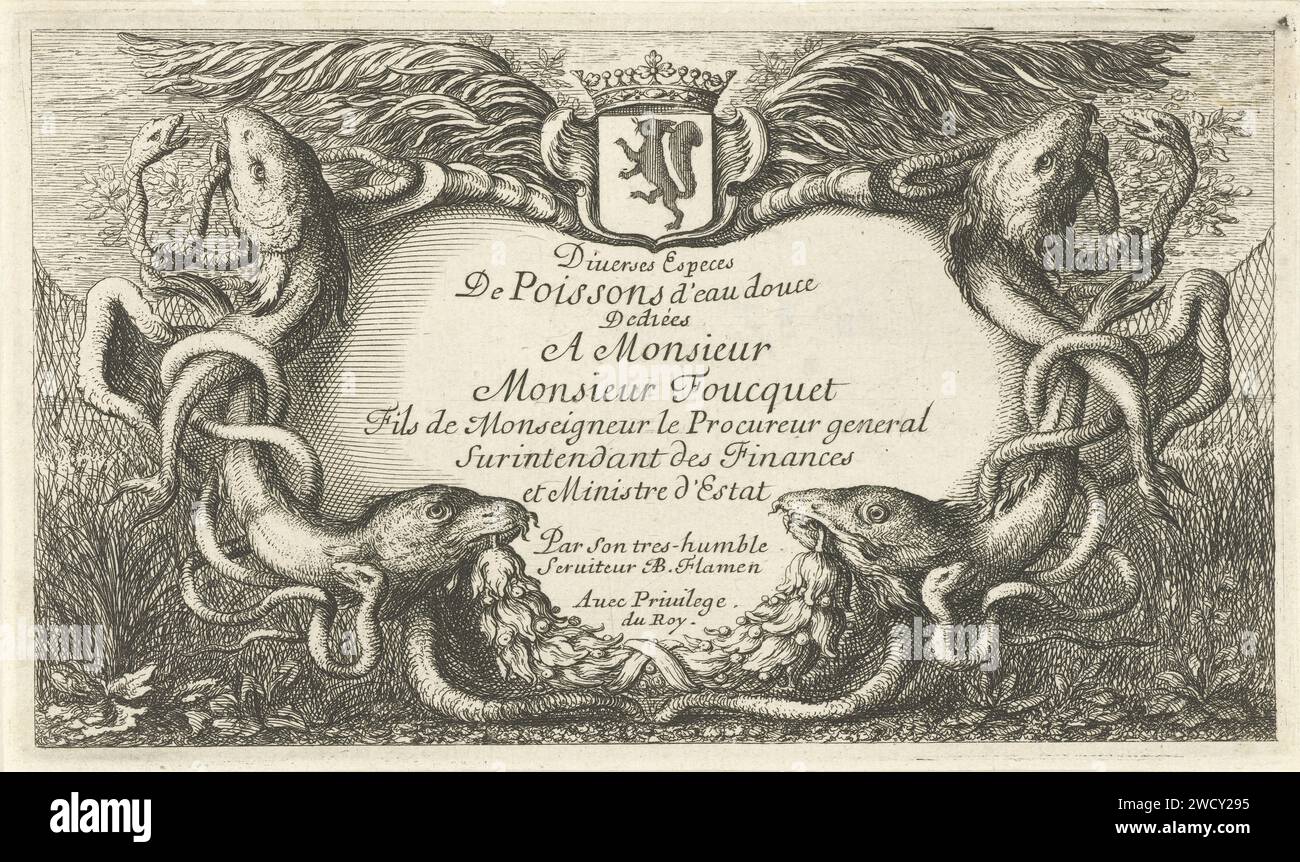 Cartouche avec poissons et tuyaux d'eau, Albert Flamen, 1664 print cartouche avec un bord de poissons et tuyaux d'eau. Dans le texte français cartouche avec titre de série et noms de fabricant. Au sommet de l'arme de Nicolas Foucquet. Impression titre de la première série d'eau douce de cinq séries avec différentes espèces de poissons et d'autres animaux marins. Imprimeur : Parispublisher : ParisFranceFranceParis papier gravure poissons Banque D'Images
