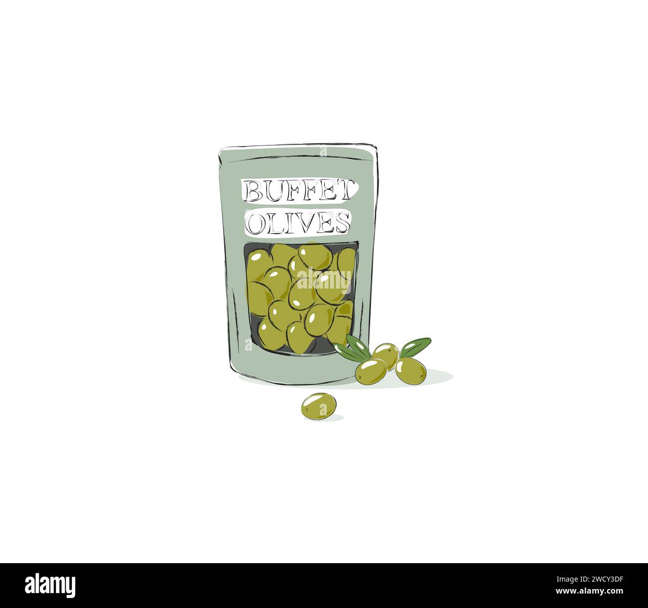 Buffet olives dans un forfait. Illustration vectorielle isolée sur fond blanc. Olives vertes. Illustration de Vecteur