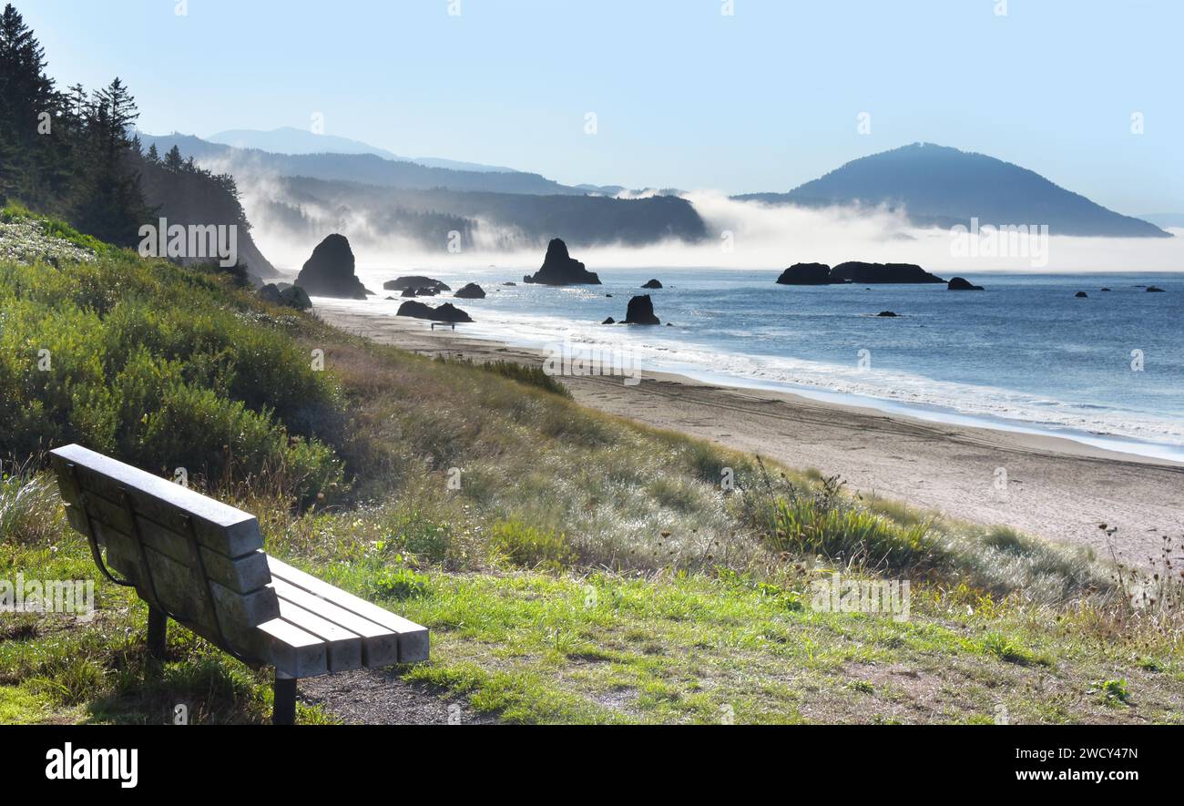 Banc en bois vide a vue sur Battle Rock Beach et les piles de la mer. Le brouillard matinal s'accroche au rivage, mais le soleil se déverse sur la plage. Banque D'Images