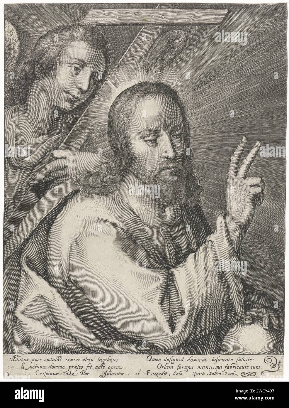 Christ comme Salvator Mundi, Crispijn van de passe (I) (possible), d'après Crispijn van de passe (I), 1574 - 1637 imprimer le Christ fait un geste de bénédiction et laisse sa main reposer sur un globe terrestre. Derrière lui un ange tenant la croix. Dans la marge, une légende de quatre lignes, en deux colonnes, en latin. Gravure sur papier de Cologne 'Salvator Mundi', faisant un geste de bénédiction ; un orbe dans sa main ou à ses pieds Banque D'Images