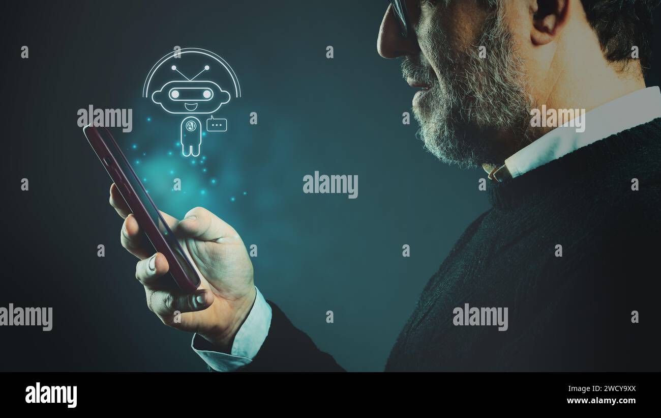 L’homme s’engage avec l’IA à travers son smartphone, une représentation symbolique de la synergie homme-technologie Banque D'Images