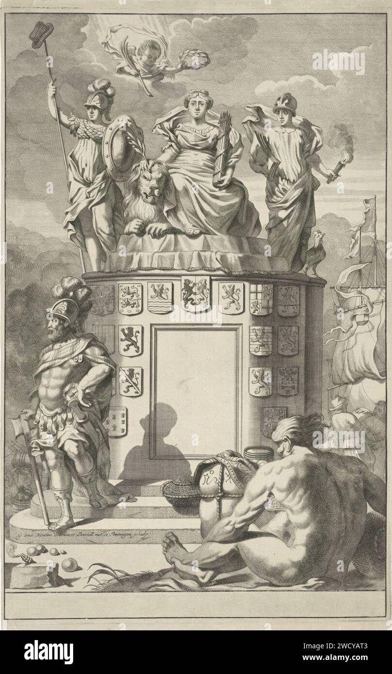 Allégorie sur les pays-Bas victorieux des Habsbourg, Daniël avec les jetons, d'après Gerard van Houten, 1685 - 1696 imprimer allégorie des pays-Bas victorieux des Habsbourg : la Vierge néerlandaise est sur une écurie perçante sur laquelle les armoiries des dix-sept provinces, et est honorée par un ange. Elle est flanquée de liberté et de vigilance. Au premier plan un seigneur de guerre et un dieu de rivière. Avec une marge vide. Amsterdam gravure sur papier symboles de nations particulières, États, districts, etc .. Couronnement avec Laurel. Liberté, liberté ; 'liberté' (Ripa). Vigilance, vigilance ; 'Guardia', 'vigilance', 'supervision à Banque D'Images