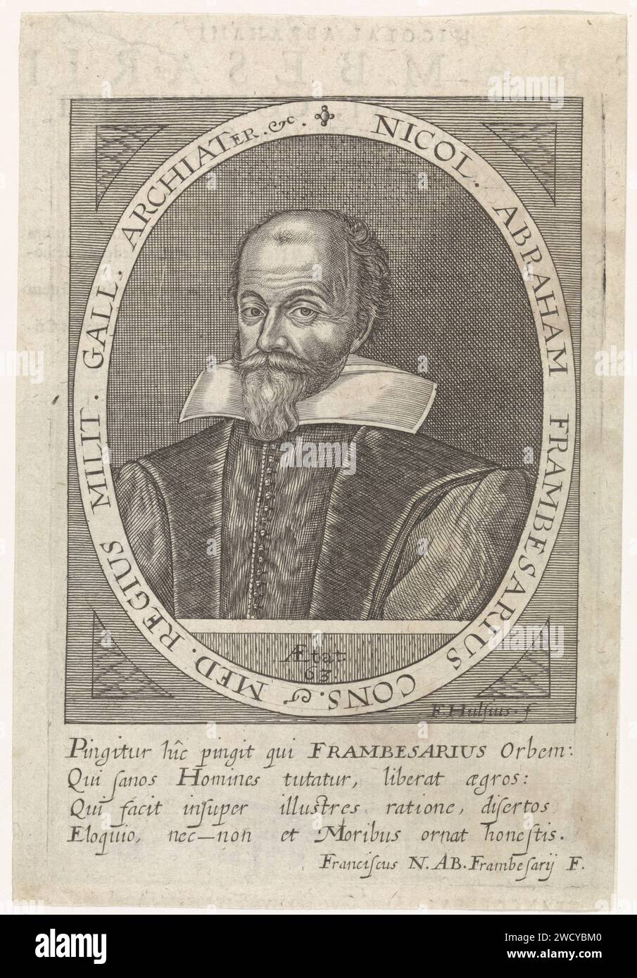 Portrait de Nicolas Abraham de la Framboisière, Friedrich van Hulsen, 1590 - 1665 tirage Buste de Nicolas Abraham de la Framboisière, utilisé à gauche dans un ovale avec une bordure en latin. Sous quatre règles de texte en latin. Verso une page de titre avec cartouche. Dans le cartouche un ange avec pilier et armoiries avec monogramme. Gravure sur papier Allemagne Banque D'Images