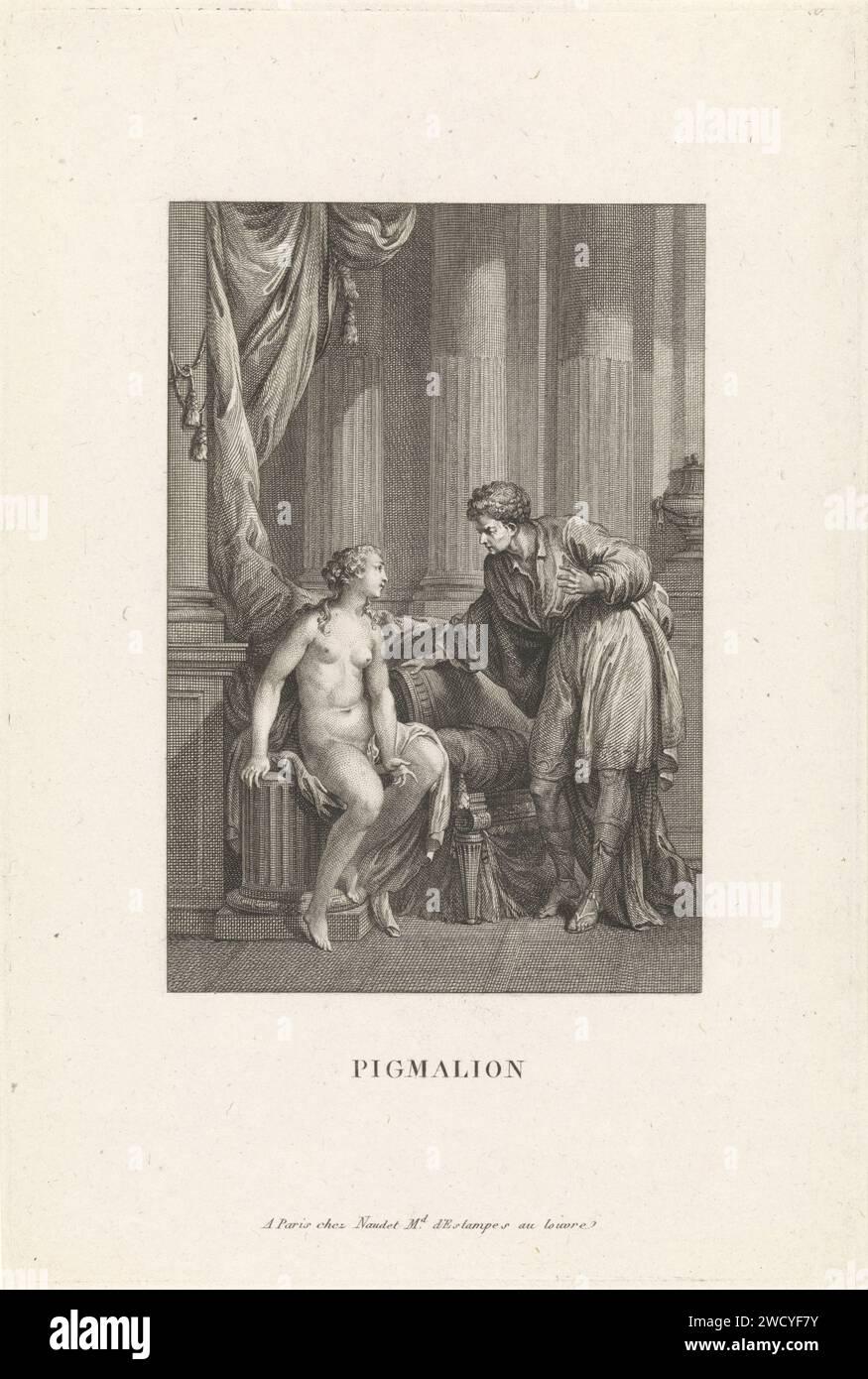 Pygmalion parle avec Galatea, Emmanuel Jean Nepomucene de Ghendt, d'après Charles Joseph Dominique Eisen, 1748 - 1815 print Galatea, la statue vivante de Pygmalion, est assise sur une colonne. Pygmalion est à côté d'elle et lui pose quelques questions. L'estampe fait partie d'une série sur l'histoire de Pygmalion. Paris gravure / gravure sur papier Pygmalion tombe amoureux de la statue qu'il sculpte. conversation, dialogue ; pièce de conversation Banque D'Images