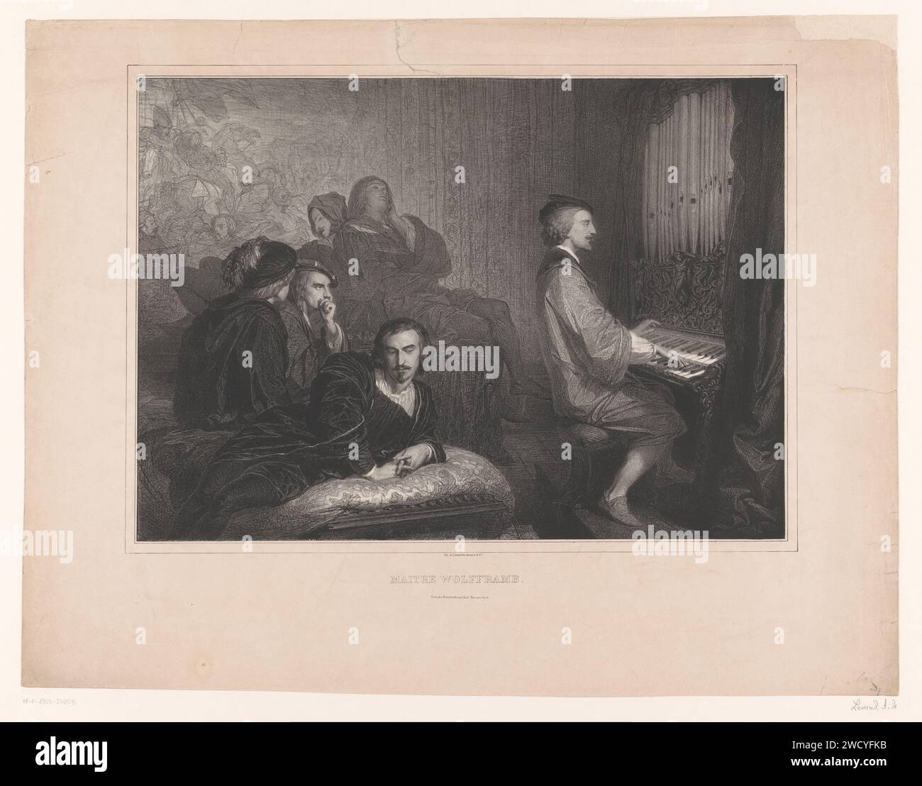 Wolfram von Eschenbach chante et joue d'un orgue pour cinq hommes, aimé de Lemud, papier Paris imprimé en 1838. orgue. musicien. écouter de la musique Banque D'Images