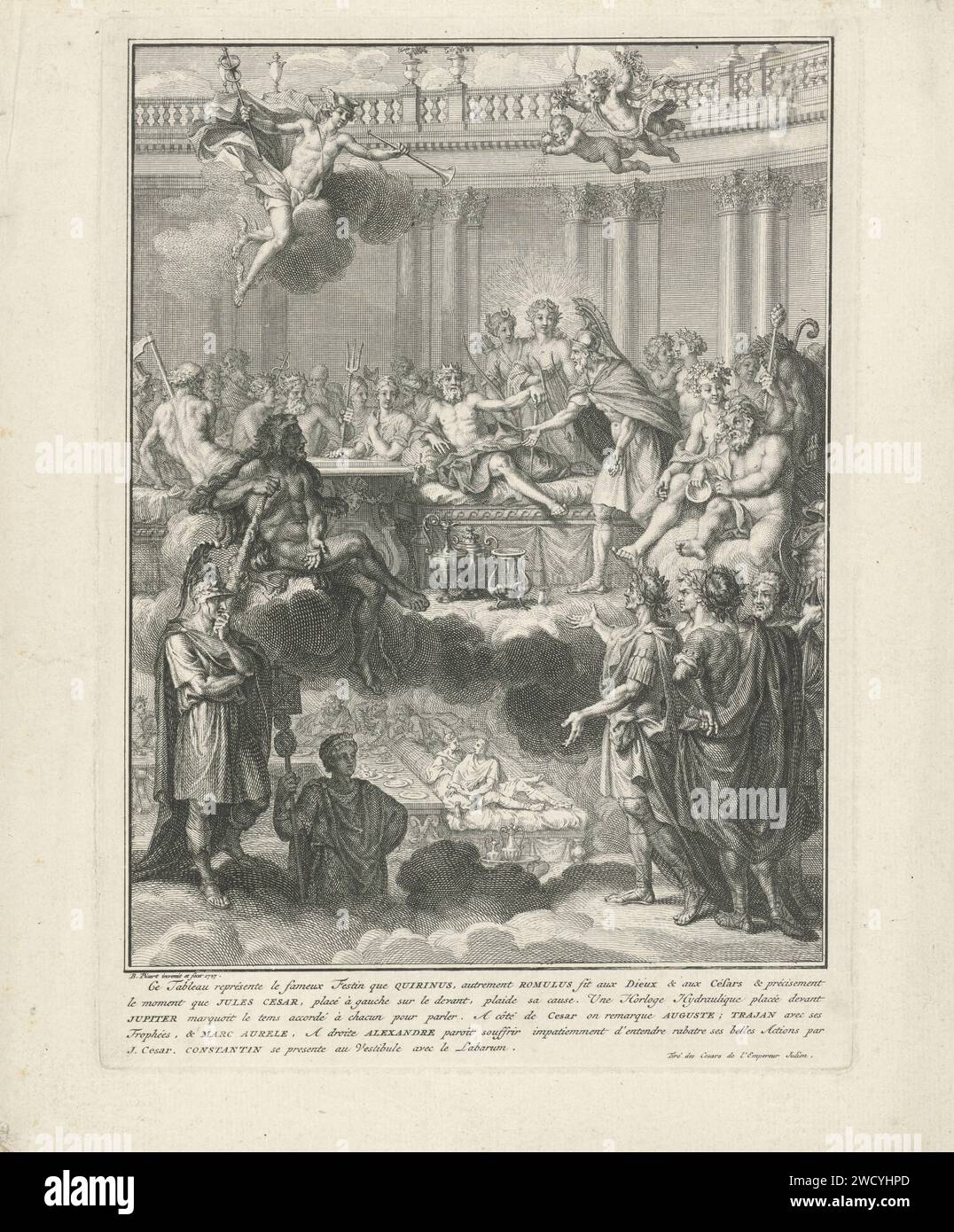 Fête de Romulus, Bernard Picart, 1727 imprimer Une fête a lieu dans le ciel que Romulus a organisé en l'honneur des dieux. Il représente Jupiter qui repose sur une chaise longue et agit avec lui au nom de ses successeurs. A ses pieds un instrument qui indique combien de temps ils peuvent parler. Sur la droite Keizers Jules César, Auguste, Trajanus et Marc Aurèle. Sur la gauche Hercule pointe vers Alexandre le Grand qui regarde à nouveau les autres. Dans la marge, une légende de cinq lignes en français. Amsterdam gravure sur papier / gravage des assemblages des dieux (en général). Romulus comme roi de Rome. emperor. liquide m Banque D'Images