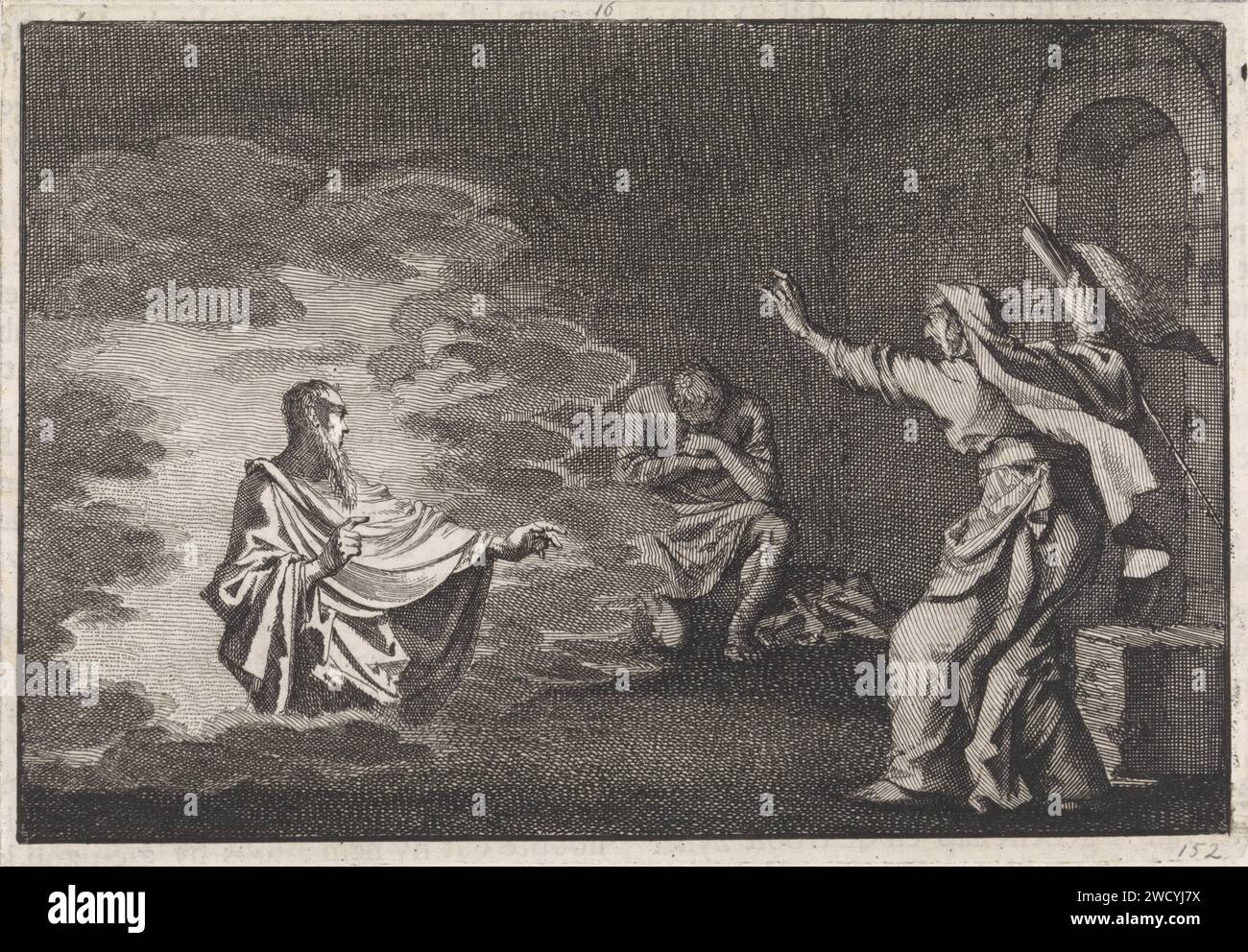 Saul à la sorcière d'Endor, Jan Luyken, 1704 imprimer Amsterdam gravure sur papier / typographie Saul et la sorcière d'Endor (1 Samuel 28:3-25) Banque D'Images