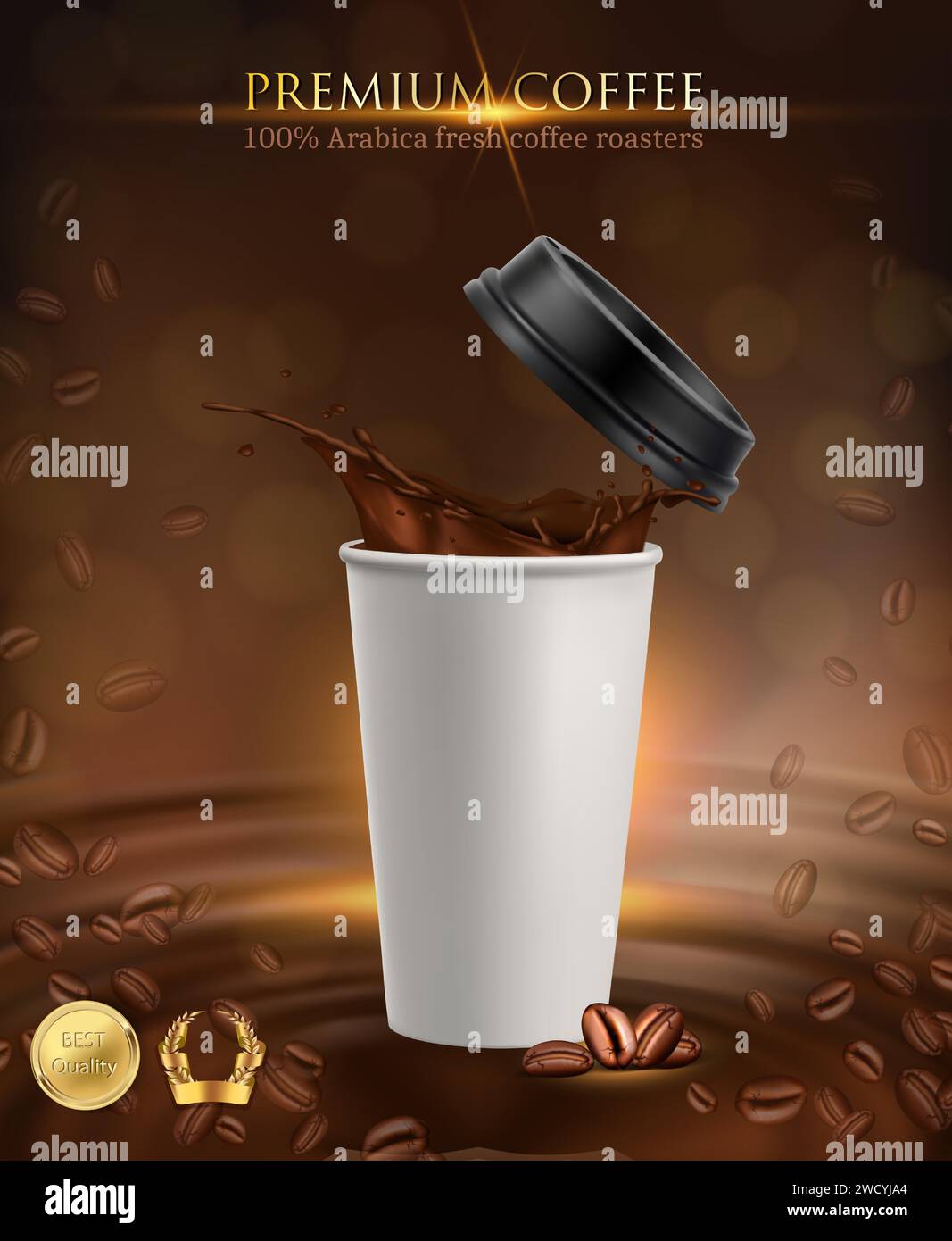 illustration de l'icône vector. Tasse à café en papier avec éclaboussure de café sur fond. Torréfacteurs haut de gamme. Illustration de Vecteur