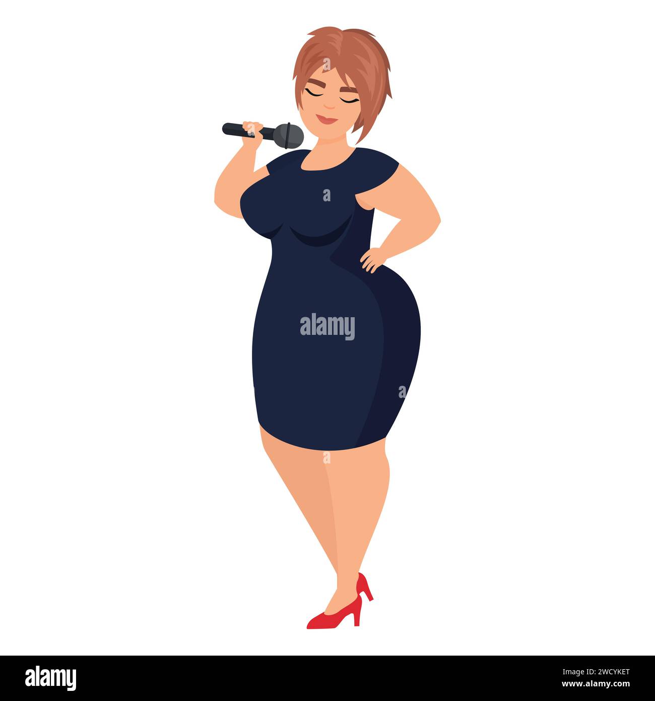Élégante femme de taille plus chantant karaoké. Femme tenant microphone illustration vectorielle de dessin animé Illustration de Vecteur