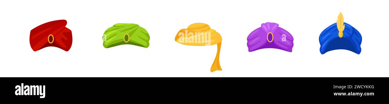 Ensemble turban oriental coloré. Coiffe traditionnelle indienne violette et verte arabe Illustration de Vecteur