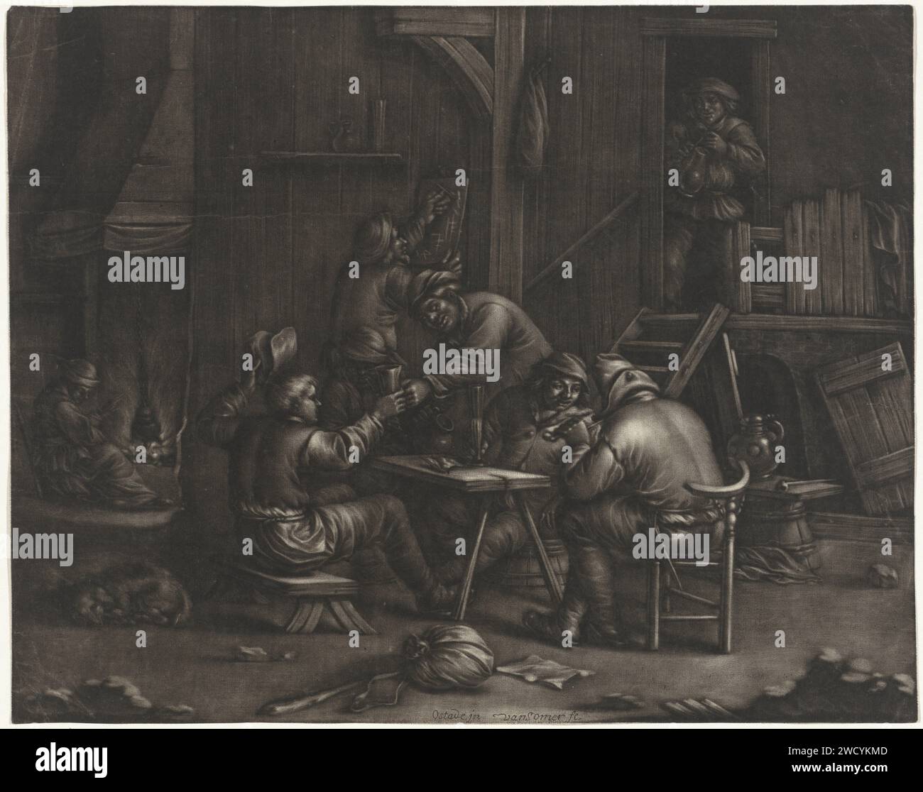 Auberge avec des hommes buveurs, Jan van Somer, d'après Adriaen van Ostade, 1655 - 1700 imprimer les hommes parlent et boivent dans une auberge. Un homme fume une pipe et un chien dort par terre. paper inn, café, maison publique, etc. pipe ~ tabac. boire. chien Banque D'Images