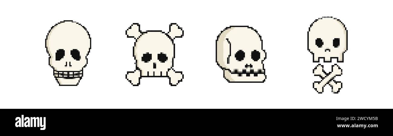 Crânes de pixels avec des os croisés définis Illustration de Vecteur Crânes de pixels avec des os croisés définis Illustration de Vecteur
