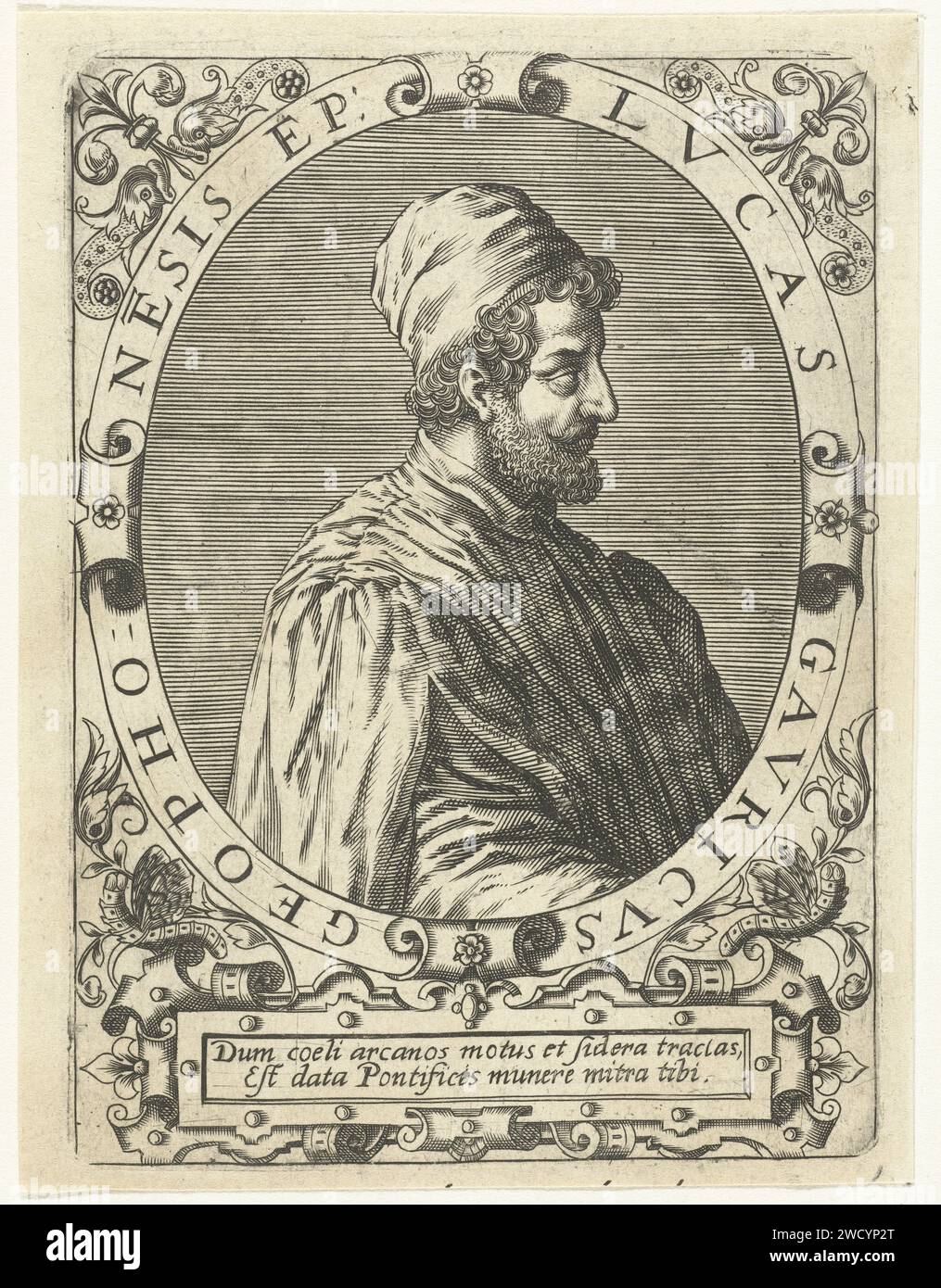 Portret van Luca Gaurico, Theodor de Bry, d'après Jean Jacques Boissard, c. 1597 - c. 1599 tirage Portrait de l'astronome italien Luca Gaurico, en ovale avec une bordure. Sous le portrait un verset latin. Gravure sur papier Frankfurt am main Banque D'Images