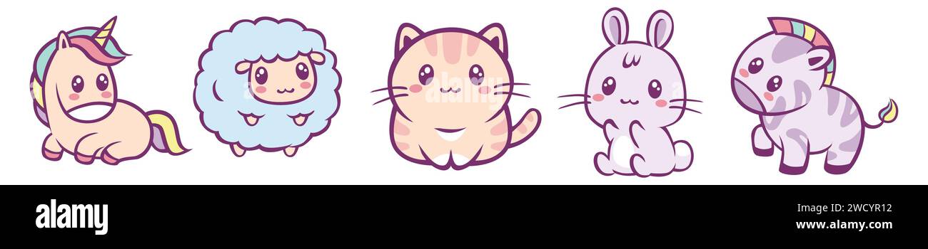 Ensemble d'animaux mignons Kawaii. Joyeux chat et lièvre de dessin animé Illustration de Vecteur