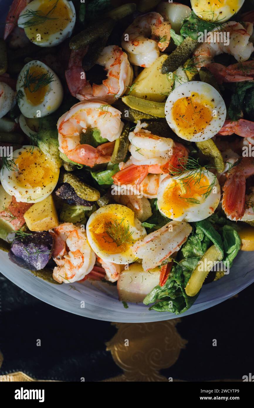 salade colorée avec œufs durs, crevettes, cornichons, laitue au beurre, fenouil Banque D'Images