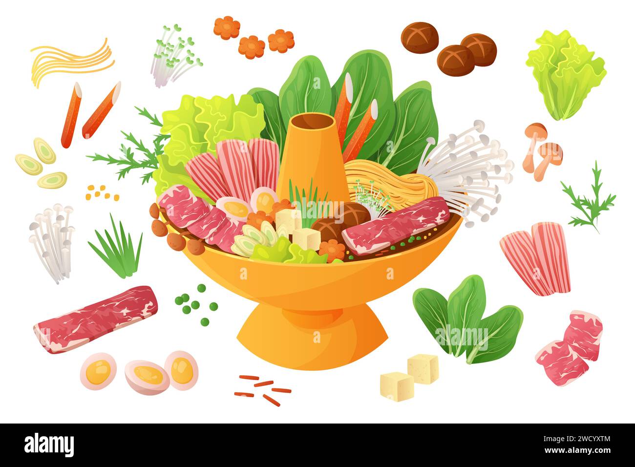 Cuisine chinoise, ensemble de pot chaud. Steamboat plein de viande gastronomique de porc et de boeuf et collection d'ingrédients végétaux, sauce épicée pour cuisiner plat traditionnel de Réunion dîner illustration vectorielle de dessin animé Illustration de Vecteur