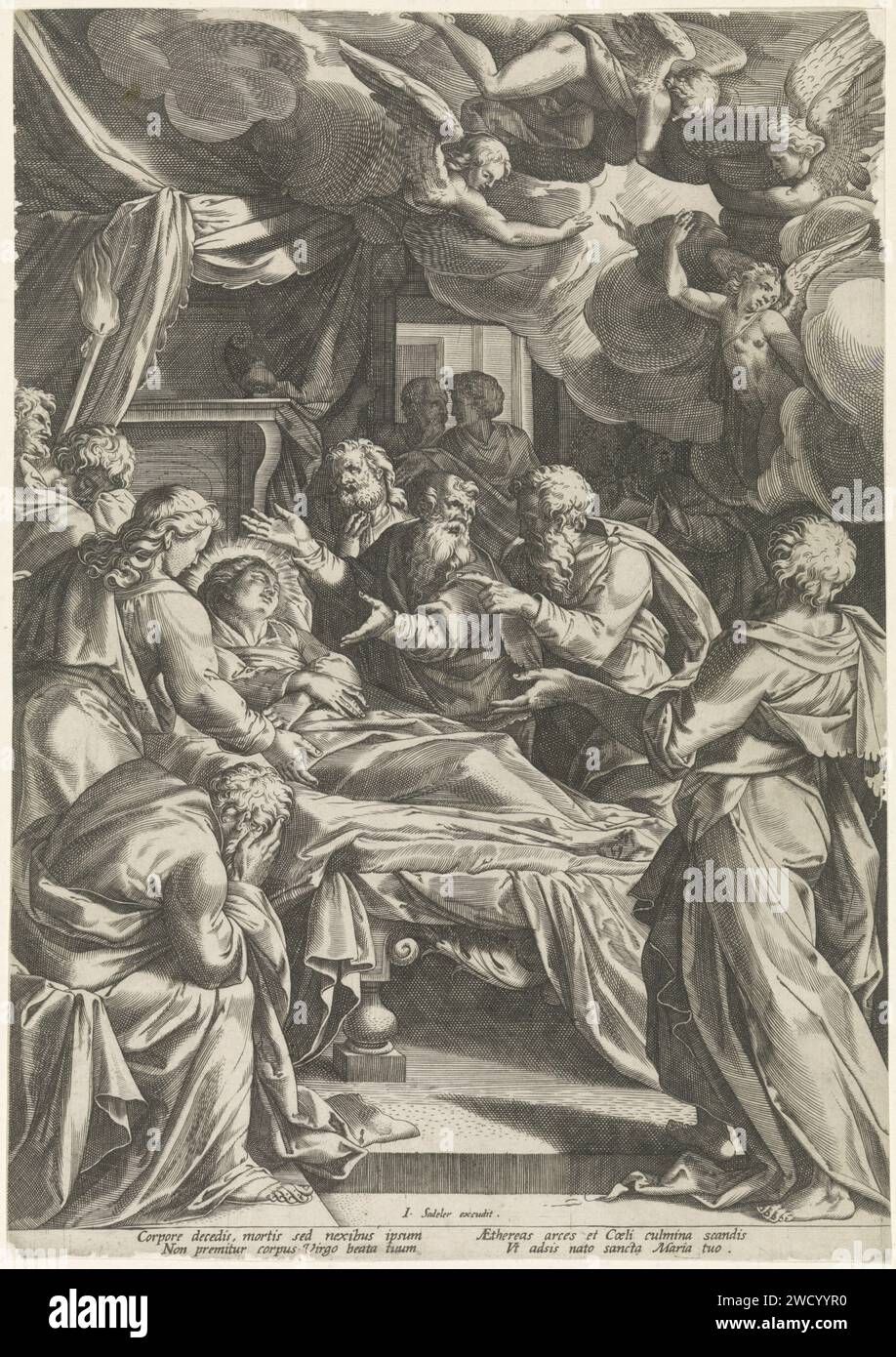 Sterfbed van Maria, Johann Sadeler (I) (éventuellement), d'après Cornelis Cort, d'après Federico Zuccaro, 1567 - 1600 imprimer le lit de mort de Maria. Elle est entourée par les apôtres qui pleurent. Dans le coin supérieur droit quatre anges qui glissent les nuages ouverts. Papier gravé la Dormition : Marie sur son lit de mort ; les apôtres sont rassemblés autour d'elle (Jean l'évangéliste peut être montré endormi ou rêvant) Banque D'Images