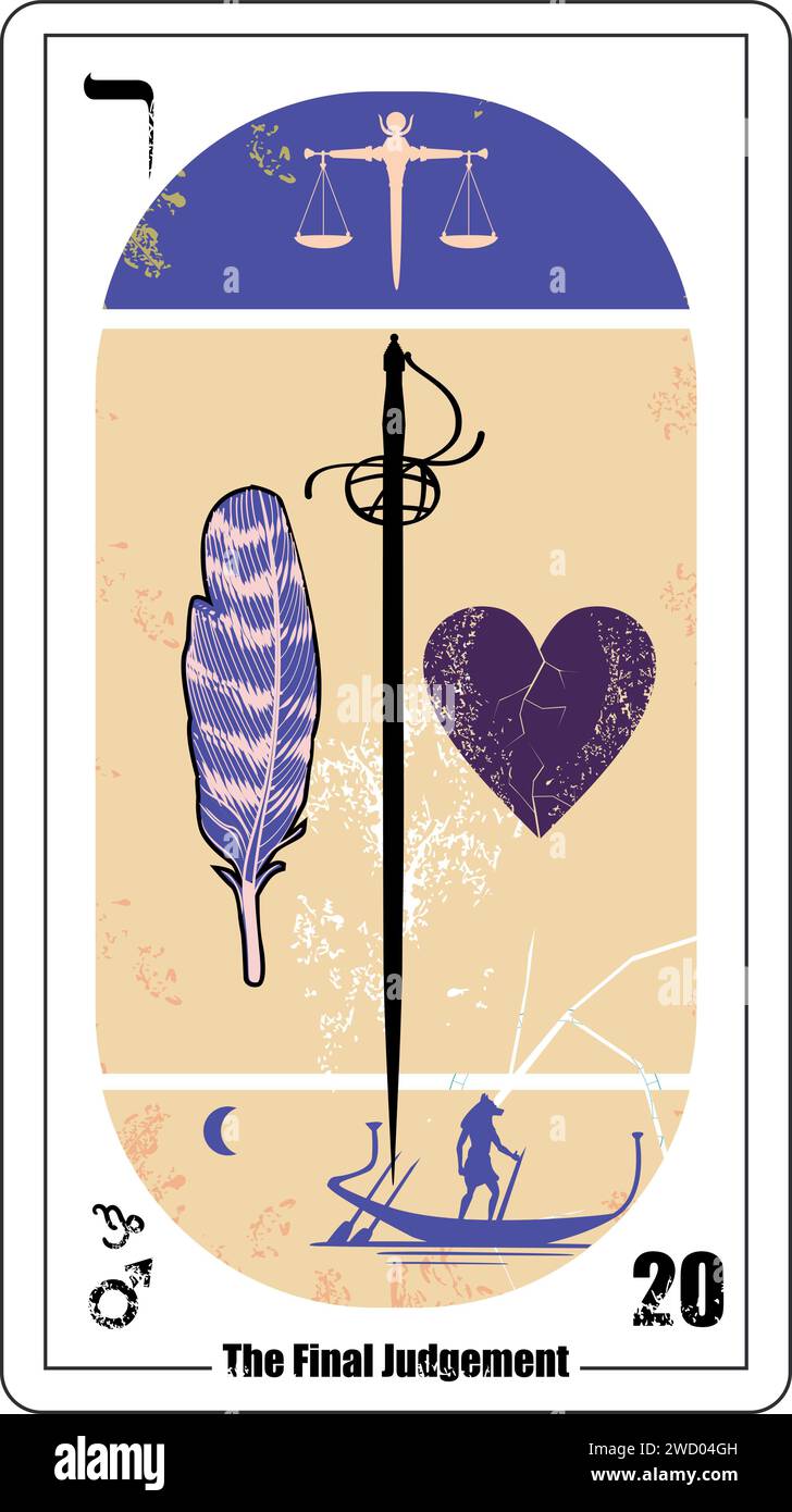 Carte de tarot égyptien numéro vingt, appelée le jugement dernier. Épée verticale, une plume et un coeur aux couleurs bleutées et oranges. Illustration de Vecteur