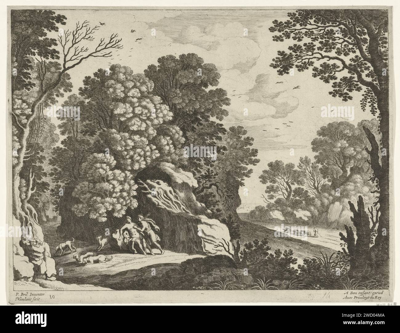 Céphalus en Procris, Willem van Nieulandt (2), d'après Paul Brit, 1594 - 1635 impression dans un paysage est le procris tué par céphalus, entouré de chiens de chasse. Cephalus se tient à côté d'elle avec la lance à la main. Sur la droite sur la route, un berger tordu court avec ses moutons. C'est peut-être le vieux berger, qui avait médié entre céphalus et ProCris, après quoi le couple s'est réconcilié. Impression à partir d'une série de paysages italiens. Anvers gravure sur papier / gravure céphalus tue Procris par inadvertance Banque D'Images