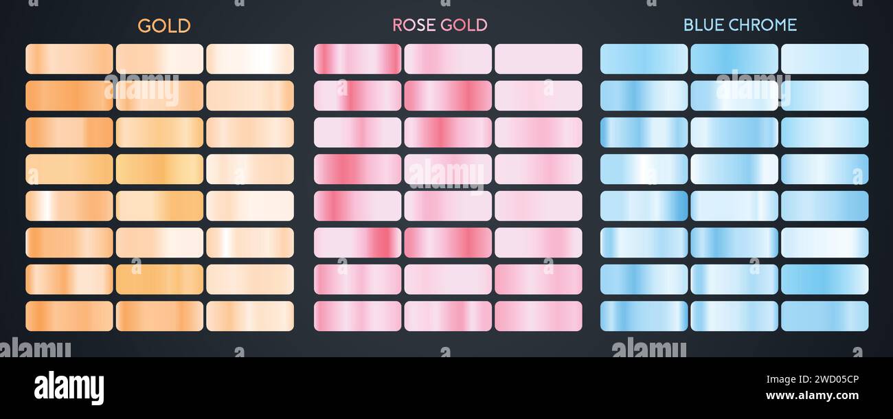 Ensemble de textures métallisées or et argent. Jeu de dégradés métallisés or, or rose et bleu chromé Illustration de Vecteur