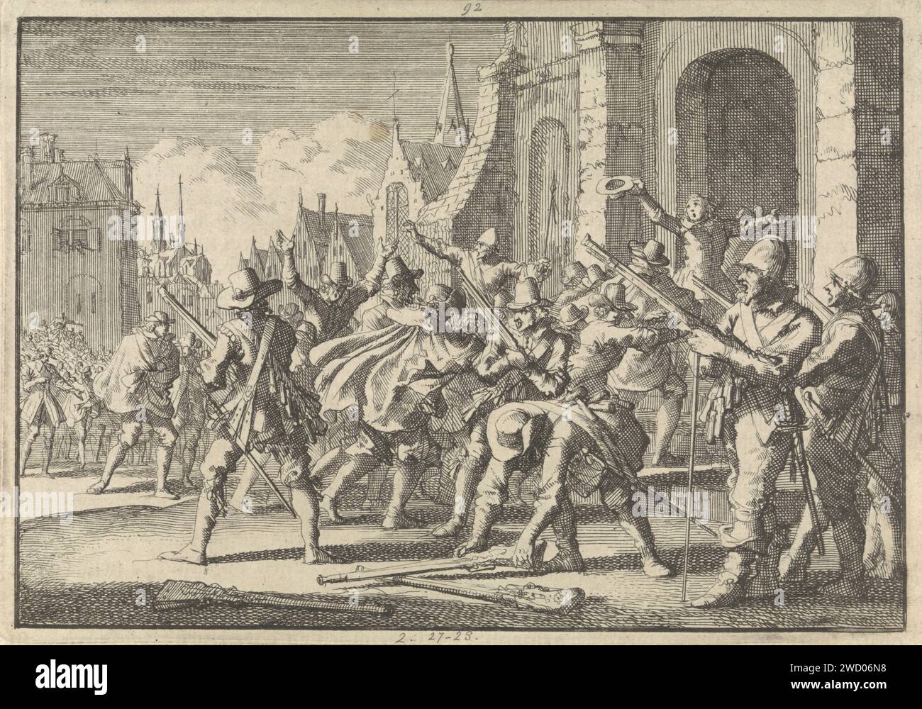 À Brême, Luthersen pénètre l'interdiction du Conseil de Dom tandis que la garde dépose les armes, 1638, Jan Luyken, 1698 imprimeur : Amsterdampublisher : Leiden paper gravure / imprimerie typographique église (extérieur). Bataille, combat en général Brême Banque D'Images