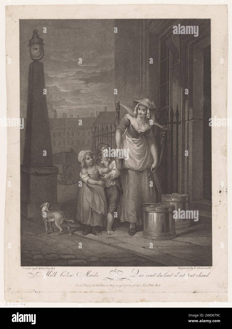 Melkmeid, Luigi Schiavonetti, d'après Francis Wheatley, 1793 imprimer Une jeune femme avec un joug sur les épaules, debout dans la rue en compagnie de deux jeunes enfants. En plus de ses deux grands seaux à lait et un seau plus petit dans sa main droite. A gauche un chien et un lampadaire. Titre dans la marge de fin. Milkmaid de gravure sur papier de Londres. vente. portant quelque chose avec joug. 'cris de Paris', cris de Londres, etc Banque D'Images