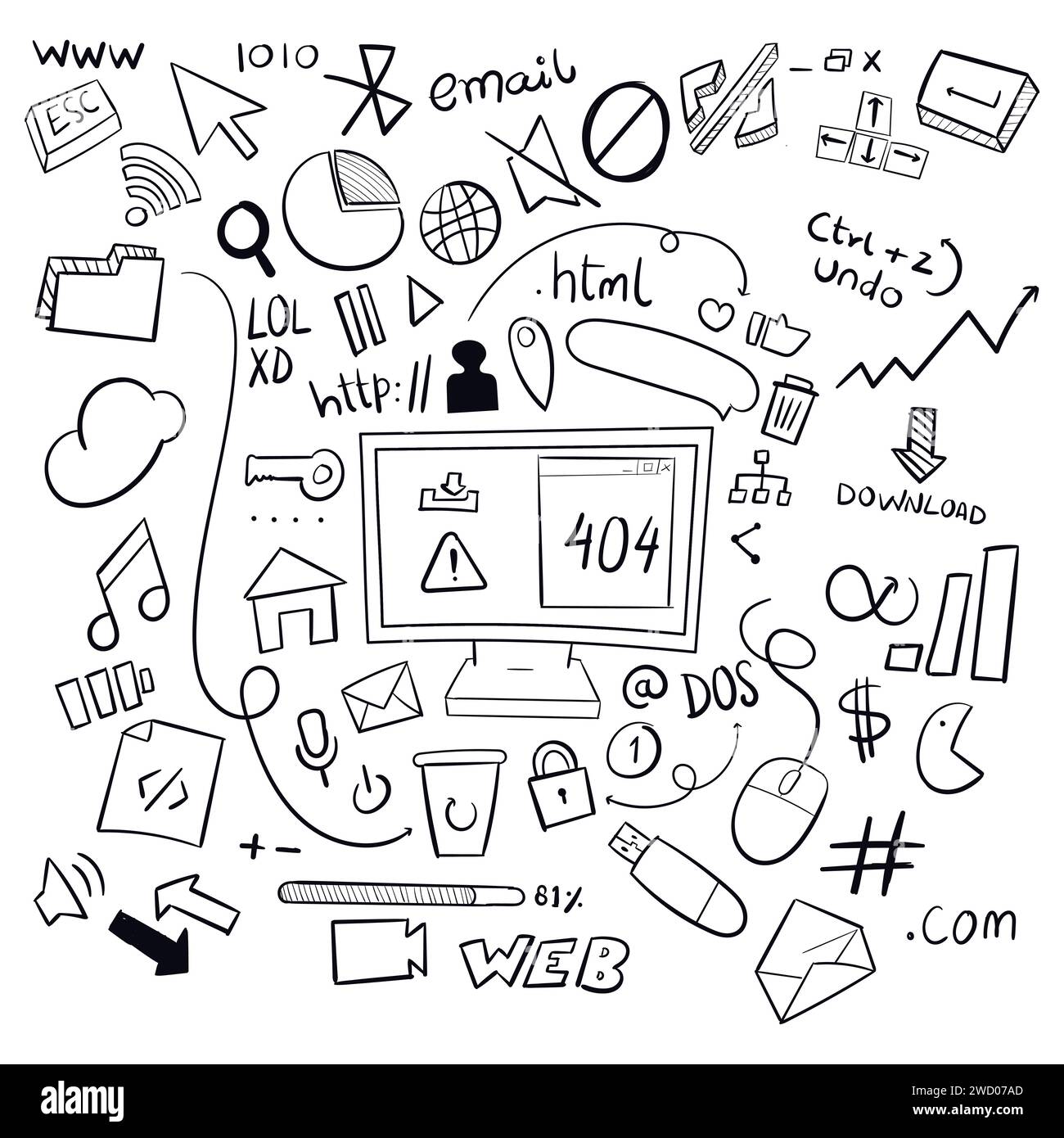 Ordinateur dessiné à la main Scribbles Doodle Vector Illustration icône Doodle Illustration de Vecteur